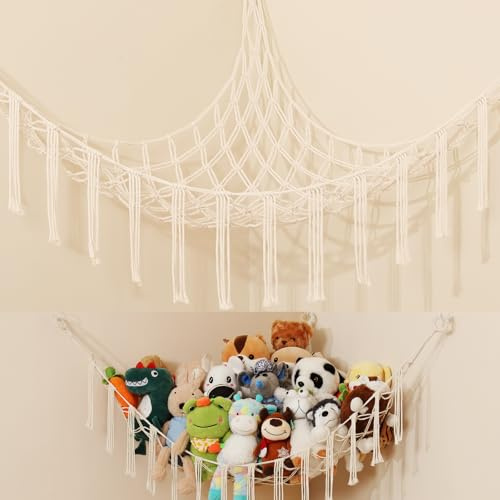 iKeelo Teddy Hammocks, Corner Toy Storage Net for Stuffed Animals, Boho Style Nursery Hanging Organizer for Kids Bedroom and Playroom, Beige