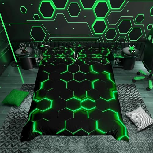 Homemissing Housse de Couette de lit en nid d'abeille thème Hexagonal Géométrique avec néon Vert Noir Housse de Couette 140x200cm Garçon Adolescent Parure de Lit à la Maison élégante