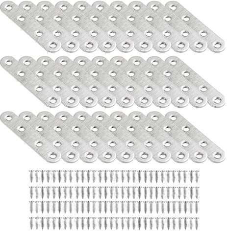 GGesii 30 Pezzi Staffa Piatta Forata, Riparazione Piastra Staffa Dritta, Con 120 Viti Piastre Giunzione Piatta per Riparazione, per Riparazioni, Collegamenti, Fissaggi di Mobili (Argento)