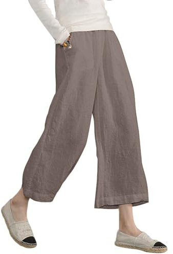 ECUPPER Womens Plus Size Cotton Capri Loose Trousers Light Coffee 12