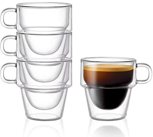 Panlouting 4 Pack | Vasos de Vidrio Térmico de Doble Capa para Espresso | Vaso de Vidrio Térmico 150ml con Asa | Vaso Térmico Transparente Apilable