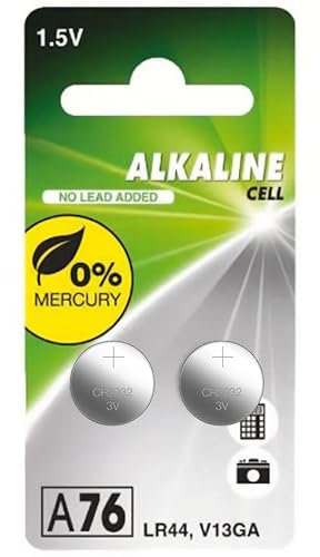 Pila alcalina LR44 A76, 2 Unidades, Libre de Mercurio, 11,60 x 5,40 mm, 1,5 V, 110 mAh. Ideal para Diversos Dispositivos electrodomésticos y Juguetes.