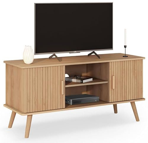 IDMarket - Meuble TV 110 cm Juliette 2 Portes Lattes tasseau Bois Coloris chêne