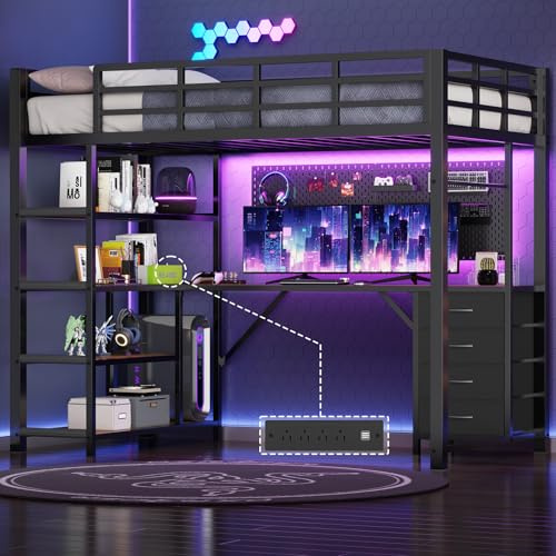 UPOSOJA Loft Bed Twin Size with L Shape Desk,4 Drawers,3-Tier Storage Shelves Metal Loft Bed Frame with Power Outlet and LED Lighted,No Box Spring Needed,Space-Saving,Noise Free,Brown & Black