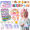 Koolbitz 115 Pcs Unicorn Tea Set for Kids, Pretend Play Tea Party Set, Includes Pink Birthday Cake, Princess Dessert Toys, Unicorn Tin Tea Set with Case, for Girls Aged 3 and Up