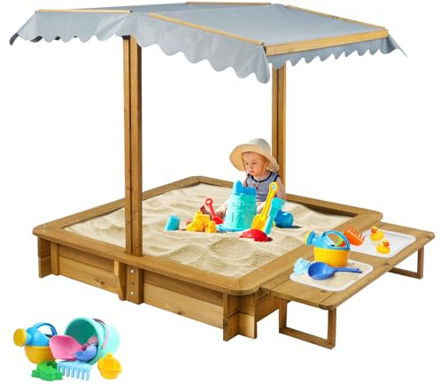 PetsCosset Sandbox with Cover, Sand Box with 2 Toy Bins, 4 Reinforced Benches, UV-Resistant & Adjustable Roof, Bottom Liner, Wooden Sandbox with Lid for Kids Outdoor, Gift for Ages 2-8, 45x45 Inches