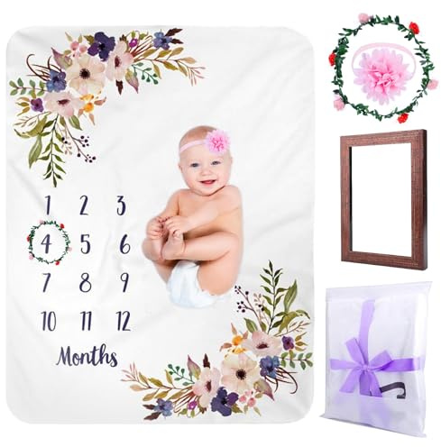 Manta de Hitos Mensual con Estampado Floral para Bebé Niño y Niña - Regalo para Nacimiento, 130 x 100 cm