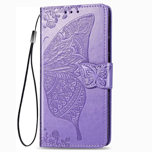 DEDUX Flip plånboksfodral för Honor 400 Lite, 3D-präglad fjäril ros blomma PU-läderställ ID-kortplatser, folio flipfodral med korthållare. Lila