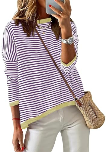 Cuptacc Pullover Damen Herbst Gestreiftes Langarmshirt Damen Baumwolle Pulli Rundhals Baumwolle Oberteile Purple Groß L 42-44