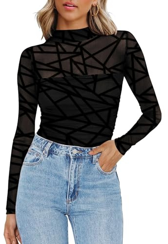 Zeagoo Womens Mesh Sheer Long Sleeve Top Mock Turtle Neck See Though Shirts Ruched Sexy Casual Going Out Blouses
