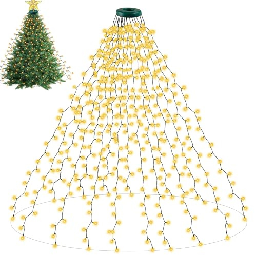 Rintea Luci Albero di Natale 400 LED 2 M 16 Fili 8 Modalità, Plug-in, IP44 Impermeabile Luci Albero di Natale Cascata, per Alberi di Natale, Giardini, Decorazioni per Interni ed Esterni, Bianco Caldo