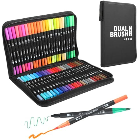CRESZZLE Set di 48 pennarelli doppia punta con pennarelli punta grossa e fine, ideali per pittura, lettering, tessuti e bambini, con custodia portatile.