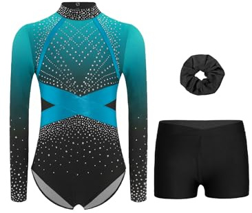 Sinleey gymnastikdräkt för flickor, långärmad gymnastikdräkt med byxor och hårband 3-delad gymnastikoutfit tävling
