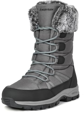 ANGRYRAM Winter Steel Toe Boots for Women Warm Insulated Non Slip Snow Boots Comfortable Work Shoes Mid Calf Faux Fur Furry Snow Shoes for Industry Construction Outdoor Winter