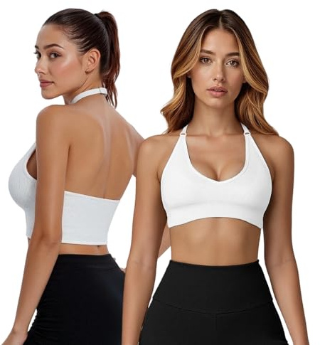 Fiohiros Deep V Neck Sports Bras for Women, Seamless Open Back Removable Pads Adjustable Neck Strap Wireless Workout Yoga Crop Top Bra (UK, Alpha, S, Regular, Regular, White)