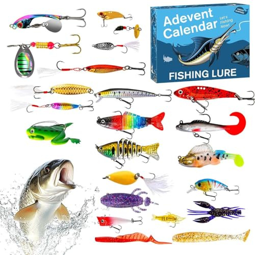 Calendario de Adviento de Navidad - Calendario de Navidad 24 Días con Señuelos de ,Cebos Realistas Para Ríos Lagos Agua Dulce Salada Arrecife Costero Playa | Lagos Ríos Agua Salada Dulce