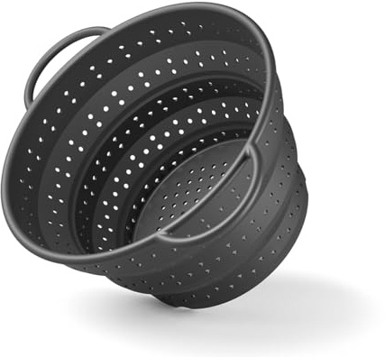 Hoffmann Passoire Pliable en Silicone avec Anneau Inox, Anthracite, 23,5 cm, Résistante à 200 C, Lave-vaisselle, Sans BPA, Égouttoir à Pâtes, Ustensile Cuisine