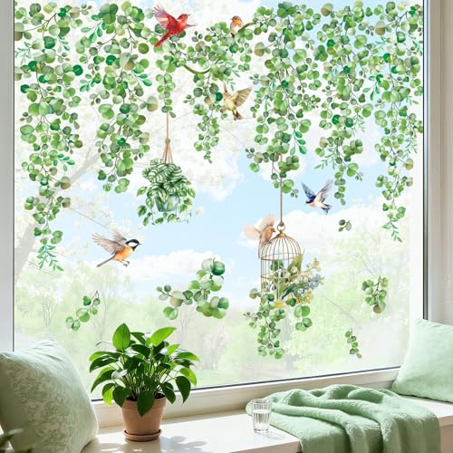 Peelora Spring Hanging Vine Double Sided Window Clings Green Leaves Plants Birds Butterflies Window Stickers Anti-Collision Glass Doors Decals