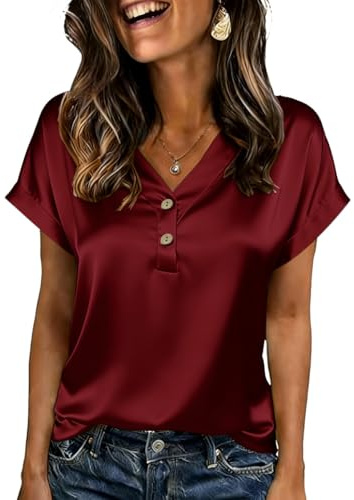 ABINGOO Womens Satin Tops Ladies Short Sleeve Blouse V-Neck Button Elegant Loose Solid T-Shirt(Red,M)