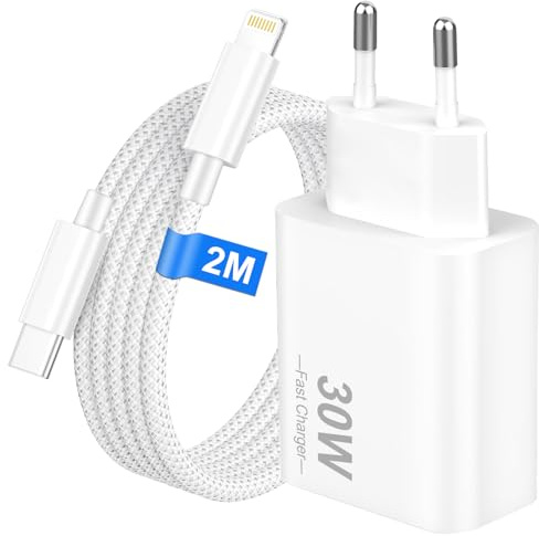 Bamkey 30 W USB C-snabbladdare med 2 m nylonladdningskabel för iPhone 14 13 12 11 Pro Max SE snabbladdare med USB C till Lightning-kabel 2 m PD 3.0-strömförsörjning för iPad, vit