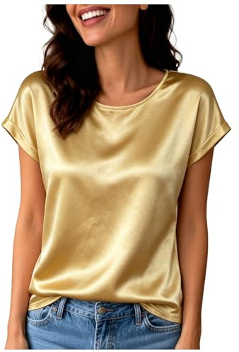 Camicia di Raso a Maniche Corte per Donna Casual Seta Top Estate Basica Colore Solido Camicia Collo Tondo, Blusa Ufficio Maniche Corte Collo Tondo Design Perline per Feste Vacanze