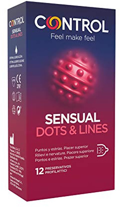 Control Preservativos Sensual Dots & Lines - Caja de condones, con puntos y estrías para la estimulación, lubricados y estriados, ajuste perfecto, sexo seguro, 12 unidades