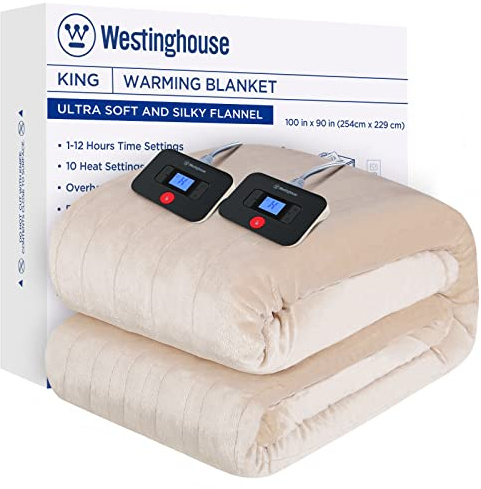 Westinghouse Electric Blanket King Size, Super Cozy Soft Flannel 100 x 90 Heated Blanket with 10 Fast Heating Levels & 1-12 Auto-Off, Machine Washable, ETL&FCC Certification, Beige