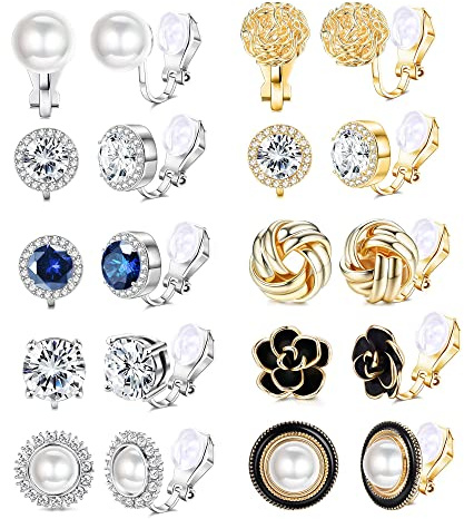 JeryWe 10 paires de boucles d'oreilles à clip pour femmes Boucles d'oreilles à clip non percées avec fleur en CZ simulant une perle d'eau douce et un noeud torsadé style A