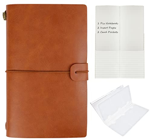 HMIEPRS Leather Vintage Notebook with Elastic Closure and Card Pockets, Refillable Travel Journal Diary, Handmade Leather Notepad 2 Kinds of Insert Book Gift for Writer, Poet, Traveler (Yellow-brown)
