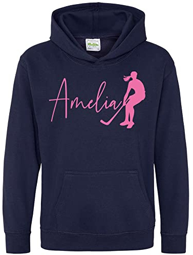 Purple Print House Personalised Silver Glitter Girls Hockey Hoodie, Girls Hockey Supporters Hoodie, Birthday Gifts for Daughter, Kids Ice Hockey Hoody, 12-13 Years, Navy