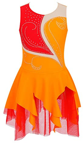 iEFiEL Mädchen Eiskunstlauf Kleid Glitzer Ballettkleid Ärmellos Ballettanzug Ballett Trikot Body mit Strass Wettbewerb Kostüm Gymnastikanzug Yc Orange 122-128