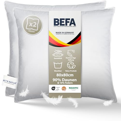 BEFA NATUR Made in Germany Daunenkissen 80x80 cm aus 90% Daunen und 10% Federn, Allergiker geeignet (Nomite), Öko-Text 100 Klasse 1 Zertifiziert, EN Standart 12934, Downpass (2 Stück)