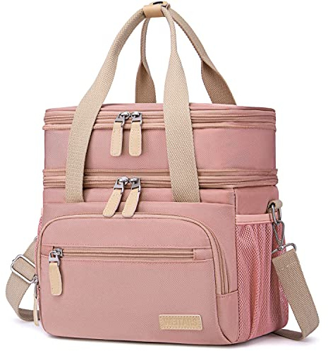 Weitars Lunch Bag for Women, Loncheras Para Mujer, Leakproof Insulated Large Lunchbox Dual Compartment Lunch Box Adult For Work Beach Picnic Hiking (15L) (Pink)