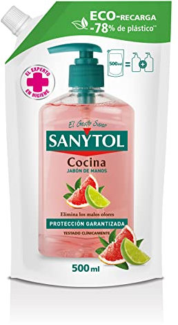 Sanytol - Eco Recarga Jabón de Manos de Cocina, Aroma Pomelo y Limón, Elimina los Malos Olores, Protección Total Contra Agentes Externos, Envase de Alta Resistencia - 500 ml