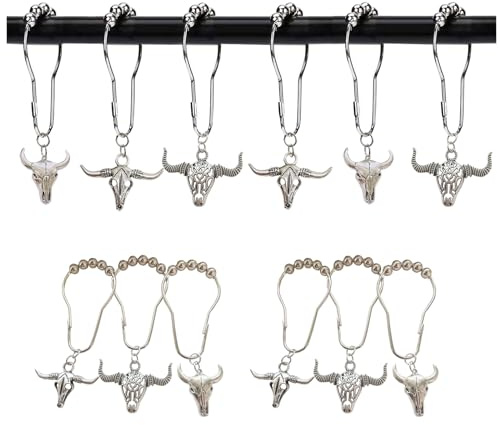 Cow Shower Curtain Hooks Rings,12Pcs Rustproof Stainless Steel Bull Skulls Pendants Accessories,Western Wildlife Farmhouse Rustic Farm Style Decorative Home Bathroom