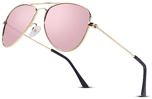 LOJUDI Gafas de sol de piloto para niños y niñas, polarizadas, espejadas, marco de metal con protección UV400, Marco dorado/Espejo Rosa