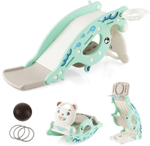 COSTWAY Scivolo Giocattolo 4 in 1 per Bambini con Cavallo a Dondolo, Canestro da Basket e Gioco degli Anelli, Set Scorrevole Multifunzione per Bambini 3 Anni+, per Interno ed Esterno (Verde Chiaro)