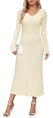 Arach&Cloz Vestido de Punto para Mujer con Cuello en V, Vestido de otoño Invierno, Vestido Jersey de Manga Larga, Vestido ceñido