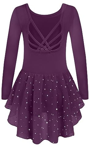 Arshiner Ballett Kleidung Mädchen Ballettkleid Baumwolle Langarm Ballettanzug Violet Balletttrikot Ballettrock Kinder Tanzkleider mit Tutu 140/5-6 Jahre