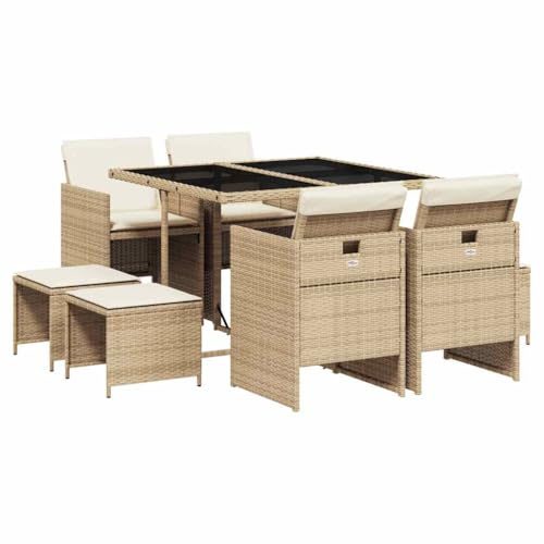 vidaXL Ensemble à Manger de Jardin avec Coussins 9 pcs, Table et Chaise de Terrasse, Meubles de Patio, Mobilier d'Extérieur, Beige Résine Tressée