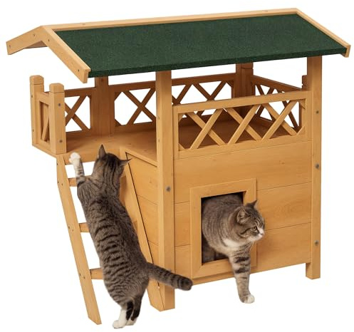 PawHut Maison Lodge pour Chats Sauvage errants - Niche Villa avec terrasse, escalier, Toit pour Chat - 77 x 50 x 73 cm - Bois Naturel et Vert