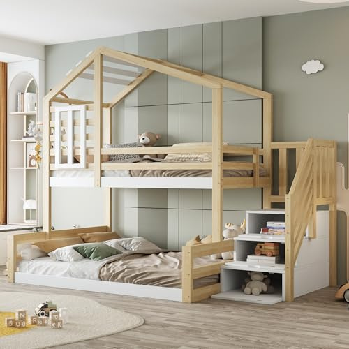Lit superposé Zepneiy 90x200/140x200, Pin Naturel et Blanc, Protection Anti Chute, Cabane d'arbre avec tiroir, Lit Mezzanine pour Enfants