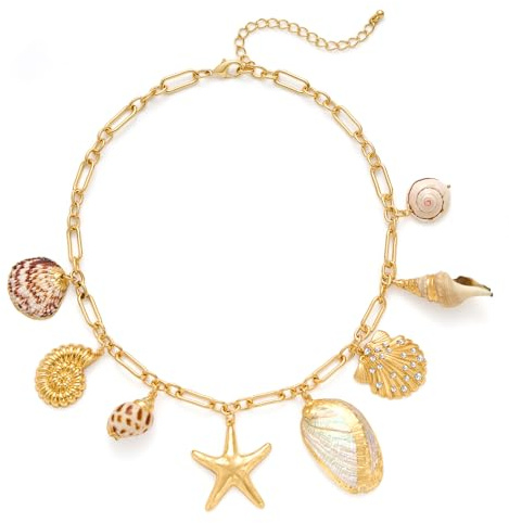 WOWORAMA Tjockt guld skal halsband för kvinnor i lager sjöstjärna snäckskal berlock halsband boho hav sjöjungfru sommar strand uttalande halsband smycken, Adjustable Size, Metall, Ingen ädelsten