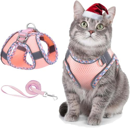 ORIA Arnes Gato Antiescape Arnés con Correa, Ajustable para Gatos con Rayas Reflectantes, Chaleco de Tela de Malla Suave y Transpirable para Gatos, Gatitos, Perros, Cachorros, Rosa, XXS