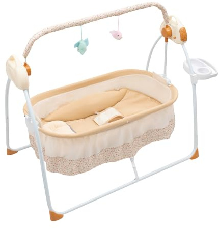 whsiodj Electric Baby Cradle 5 Speed Rocking Bluetooth Lullabies Foldable Portable 55lbs Capacity Breathable Mosquito Net Safety Straps for 0-18 Months Nursery Living Room​ (Khaki)