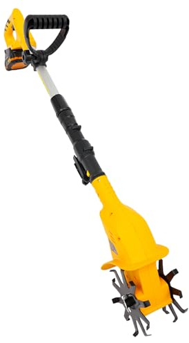 Motoazada eléctrica de jardín con batería, 97 – 117 cm, mango telescópico ajustable de 10 cm, profundidad de trabajo y ancho de 15 cm, cuchilla de acero de 250 rpm, interruptor de seguridad, incluye