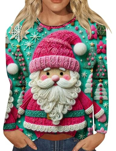 Generisch T-shirt de Noël à manches longues pour femme - Pull de Noël amusant - Impression 3D - Col rond - Pull sans capuche - T-shirt à manches longues - Sweatshirt de Noël décontracté - Haut de Noël