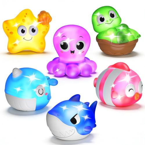 Light Up Baby Bath Toys for 1 2 Year Old, Sea Animals No Hole Bathtub Toy | Water Activated, Pool Toys for Boys Girls Toddlers Age 1-3 Birthday Gifts Presents - 6 Packs