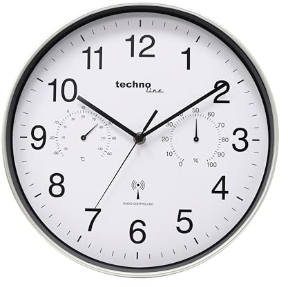 Technoline WT8945 - Orologio da parete radio con indicatore di temperatura e umidità, 30 cm, colore: Argento