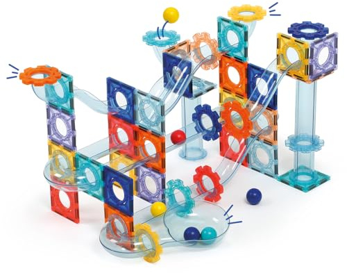 LUDI - Circuito magnético - Circuito de Bolas con 26 Placas magnéticas, 48 Elementos de Recorrido y 6 Bolas - Construcción 2D y 3D - a Partir de 3 años